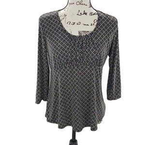 Duo Maternity Blouse Womens Size S Black Geometric 3/4 Sleeve Stretchy